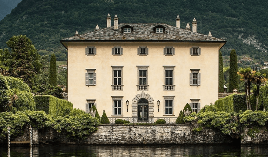 A luxury alpine palace beside a calm lake at dusk surrounded by forest